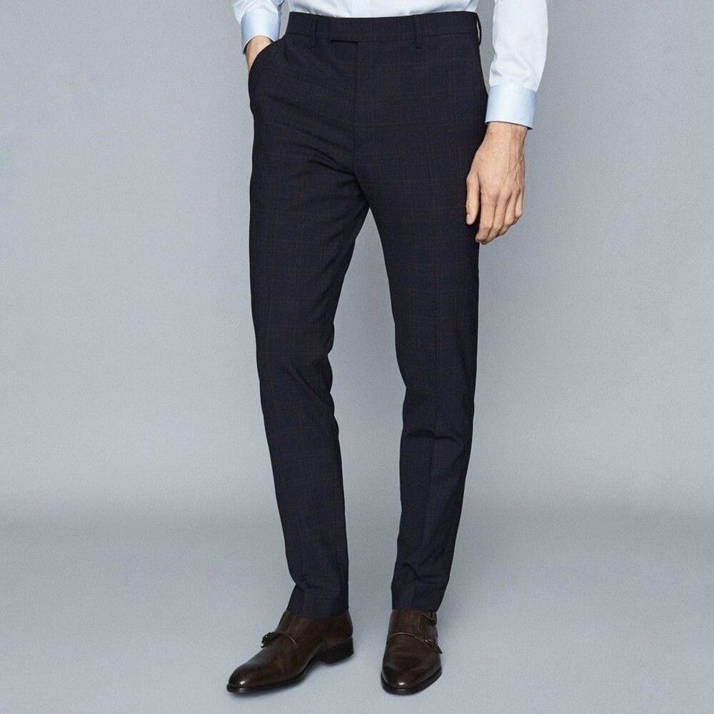 REISS Roody Men's Slim Fit Checked Trousers in Navy Size 36